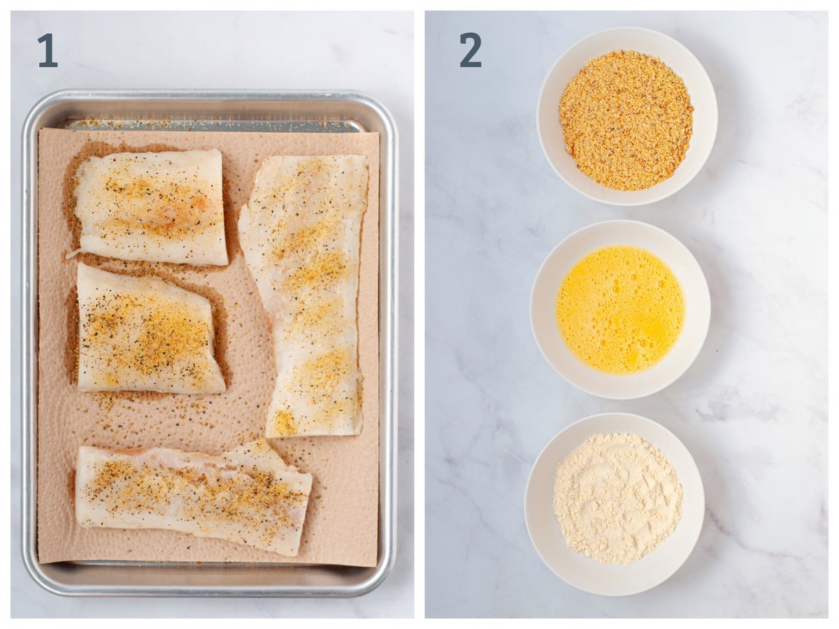 cod seasoned with lemon pepper, next to three bowls - breading, egg wash, and coconut flour