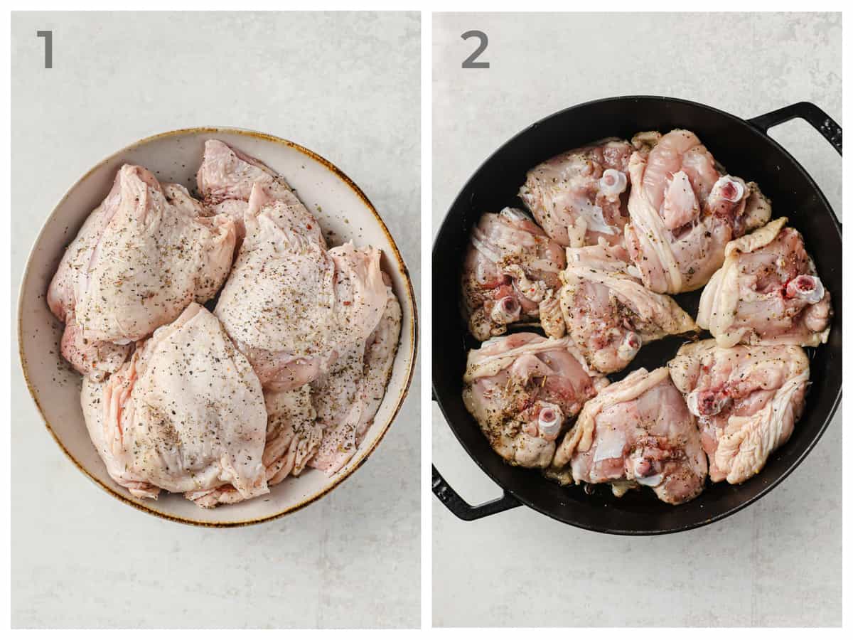 Left - raw chicken thighs seasoned with salt and pepper - right - chicken thighs skin side down in a skillet