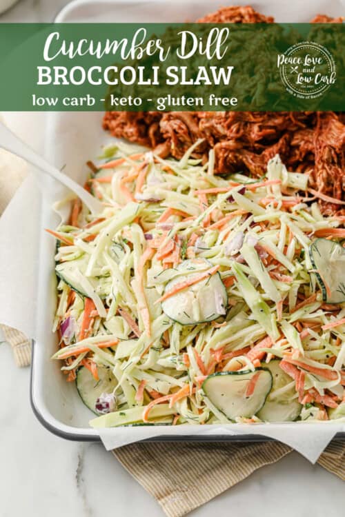 a tray of cucumber dill broccoli slaw, plated with slow cooker keto barbecue pulled pork