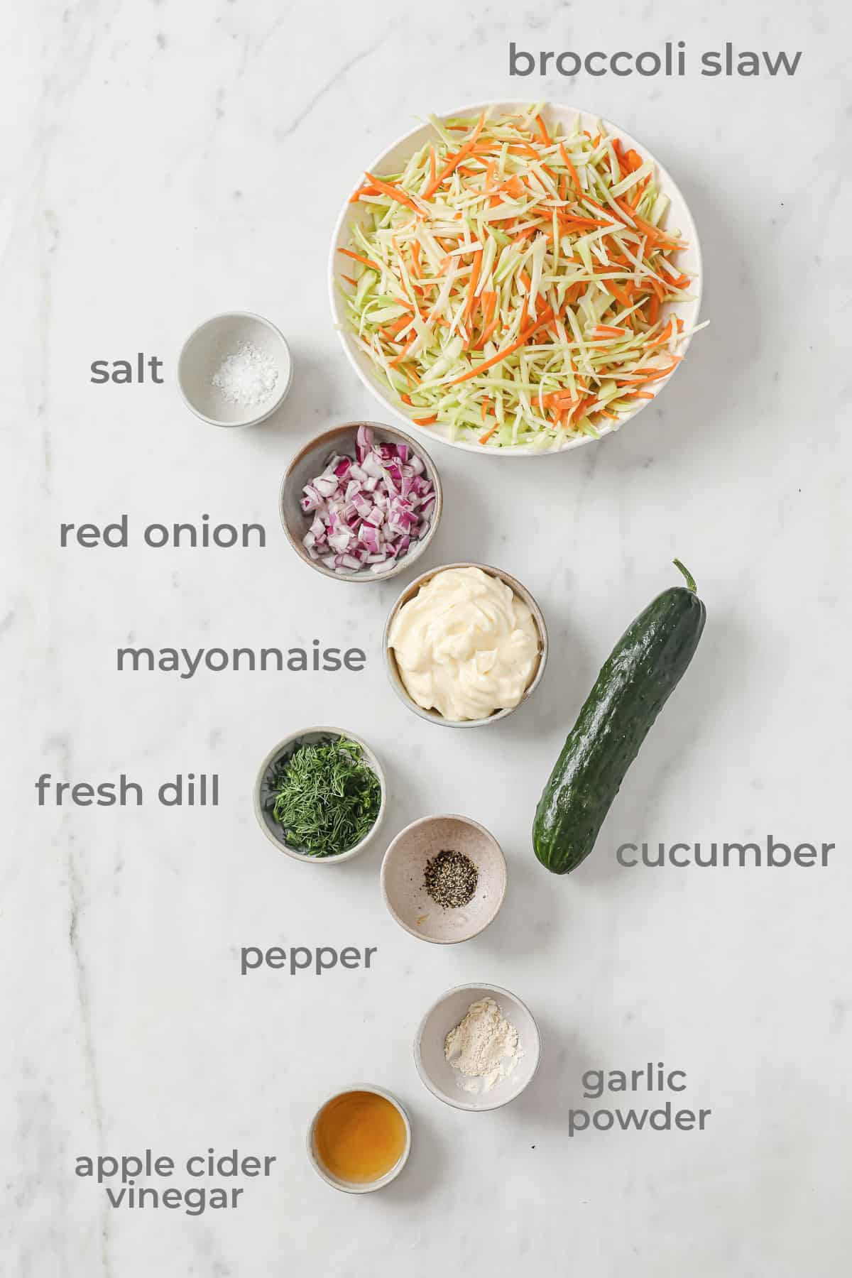 Ingredients for keto coleslaw in a mixing bowl - broccoli slaw, cucumbers, mayo, vinegar, dill, garlic, salt and pepper