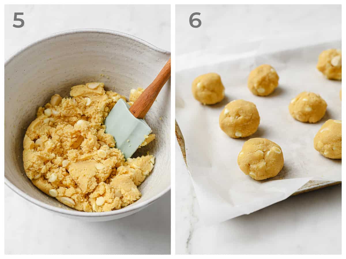 Left - a fresh batch of cookie dough = Right - cookie dough balls on a parchment lined baking sheet