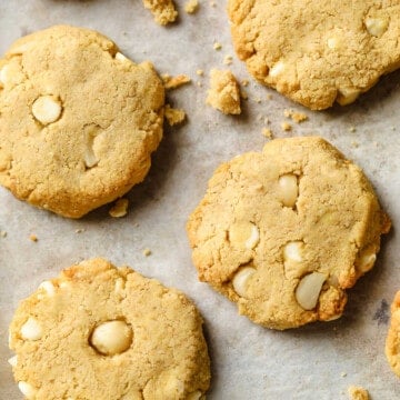 keto white chocolate macadamia nut cookies fresh out of the oven.