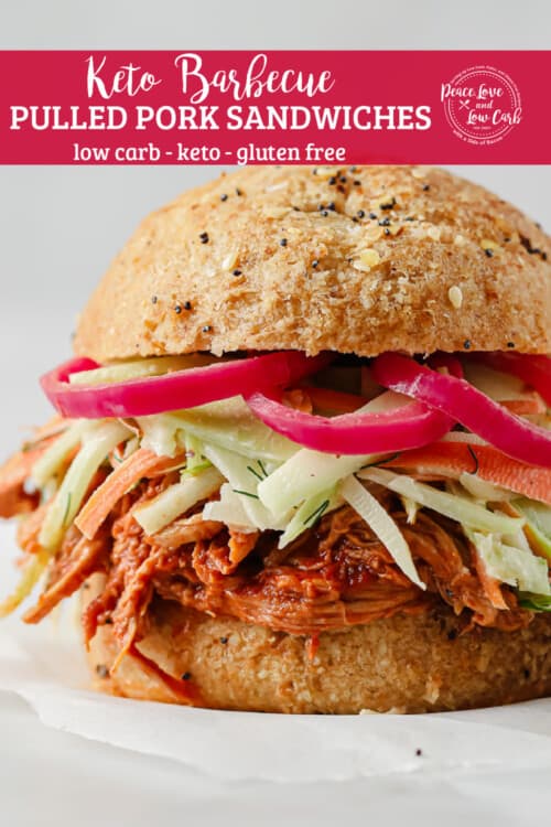 barbecue pulled pork sandwich with keto buns, barbecue pork, broccoli slaw, and pickled red onions