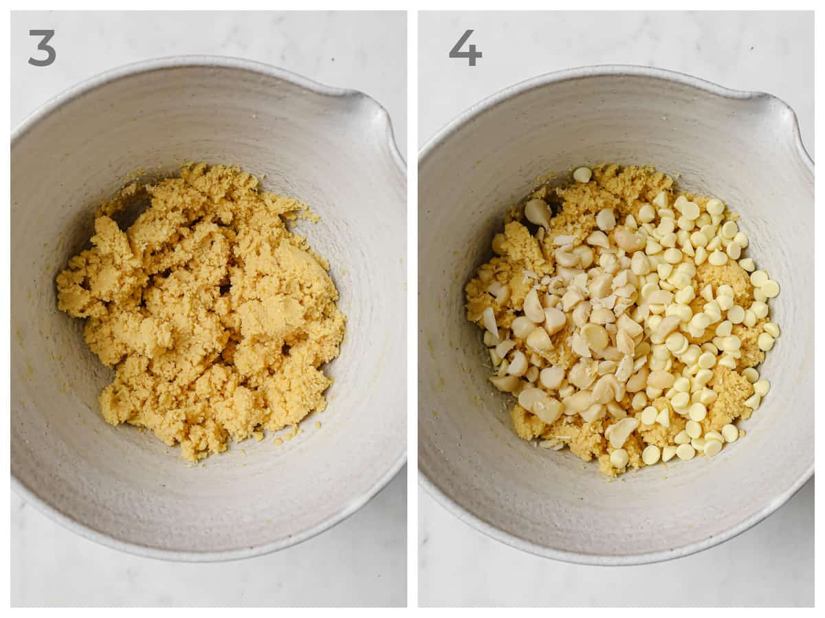 left - keto cookie dough - Right - cookie dough with white chocolate chips and macadamia nuts