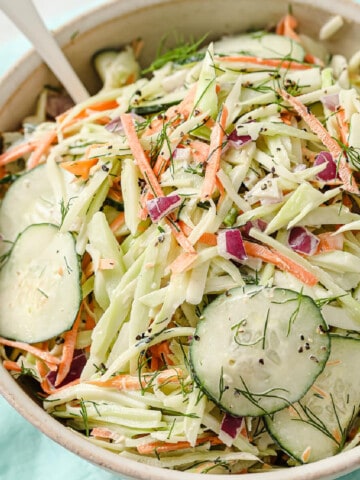 a bowl of paleo coleslaw with broccoli slaw, cucumber, mayo, red onion, dill, garlic, salt and pepper.