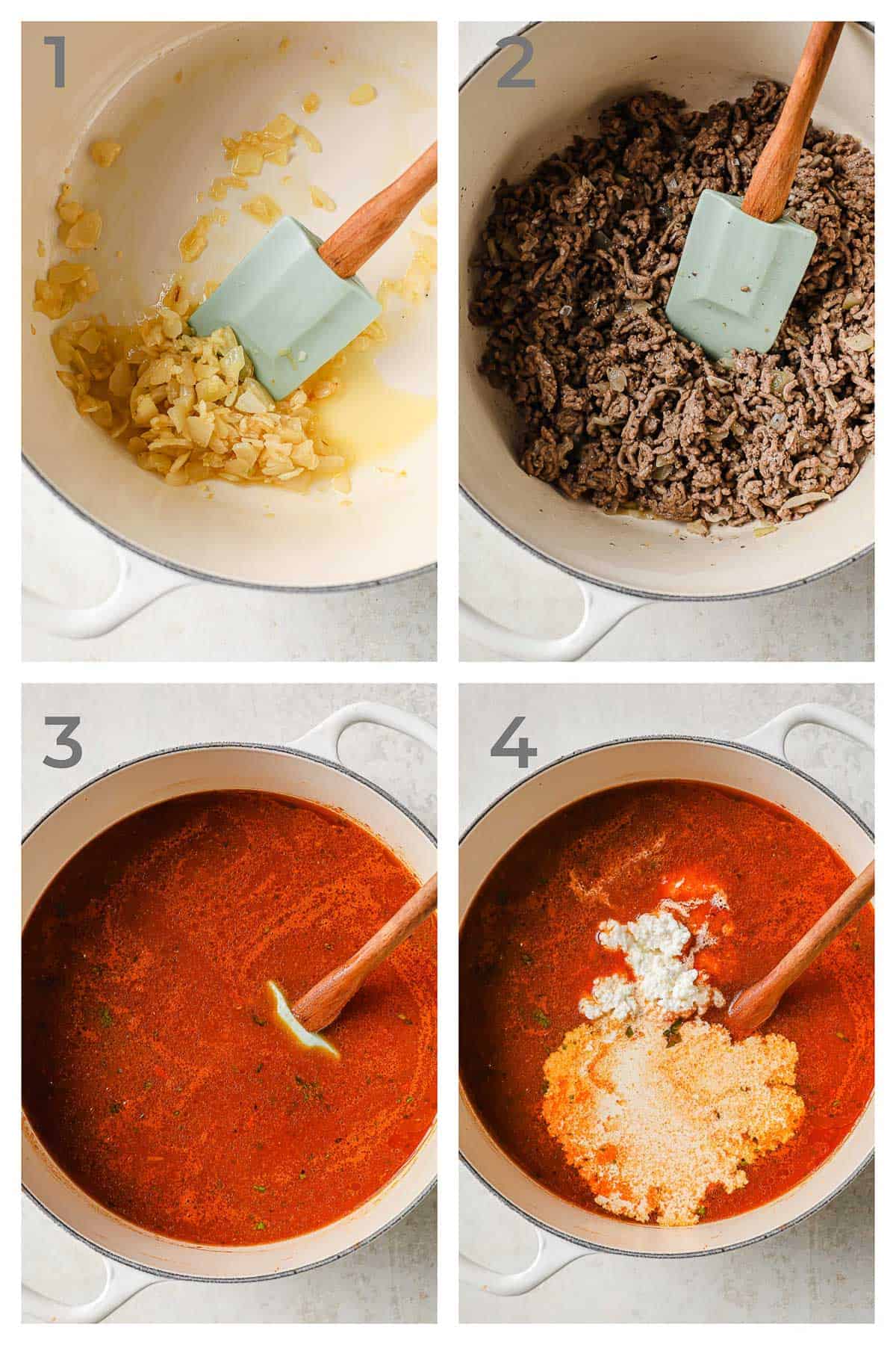 step by step photos detailing how to make lasagna soup in a dutch oven