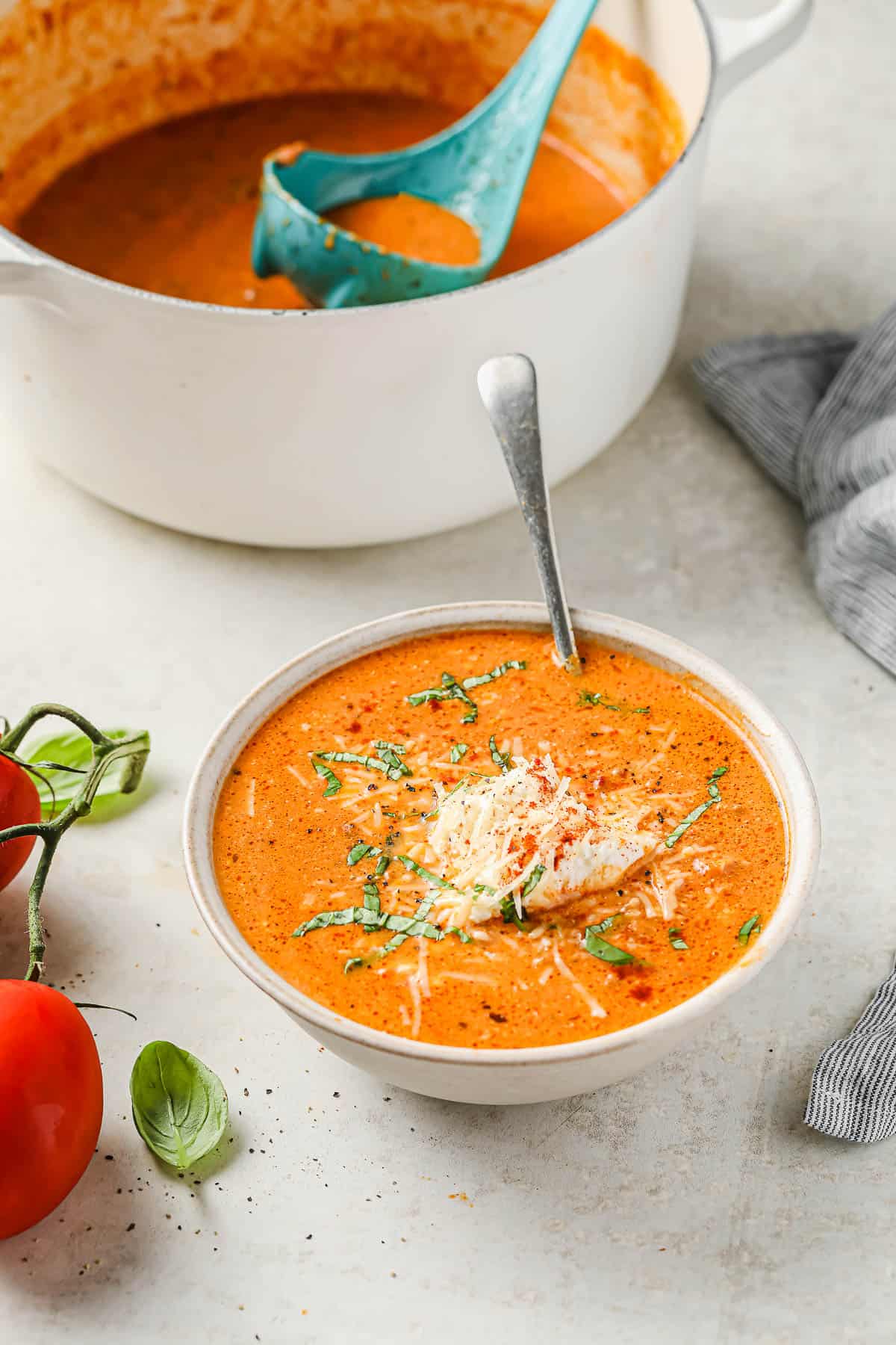 a bowl of tomato soup, garnished with cheese and basil with a pot of soup behind it