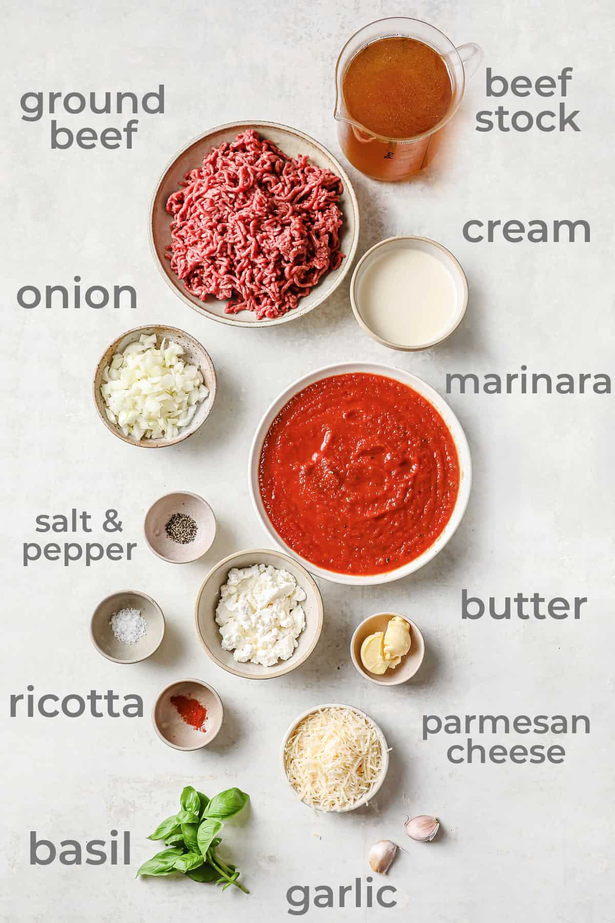 ingredients laid out in individual bowls to make lasagna soup
