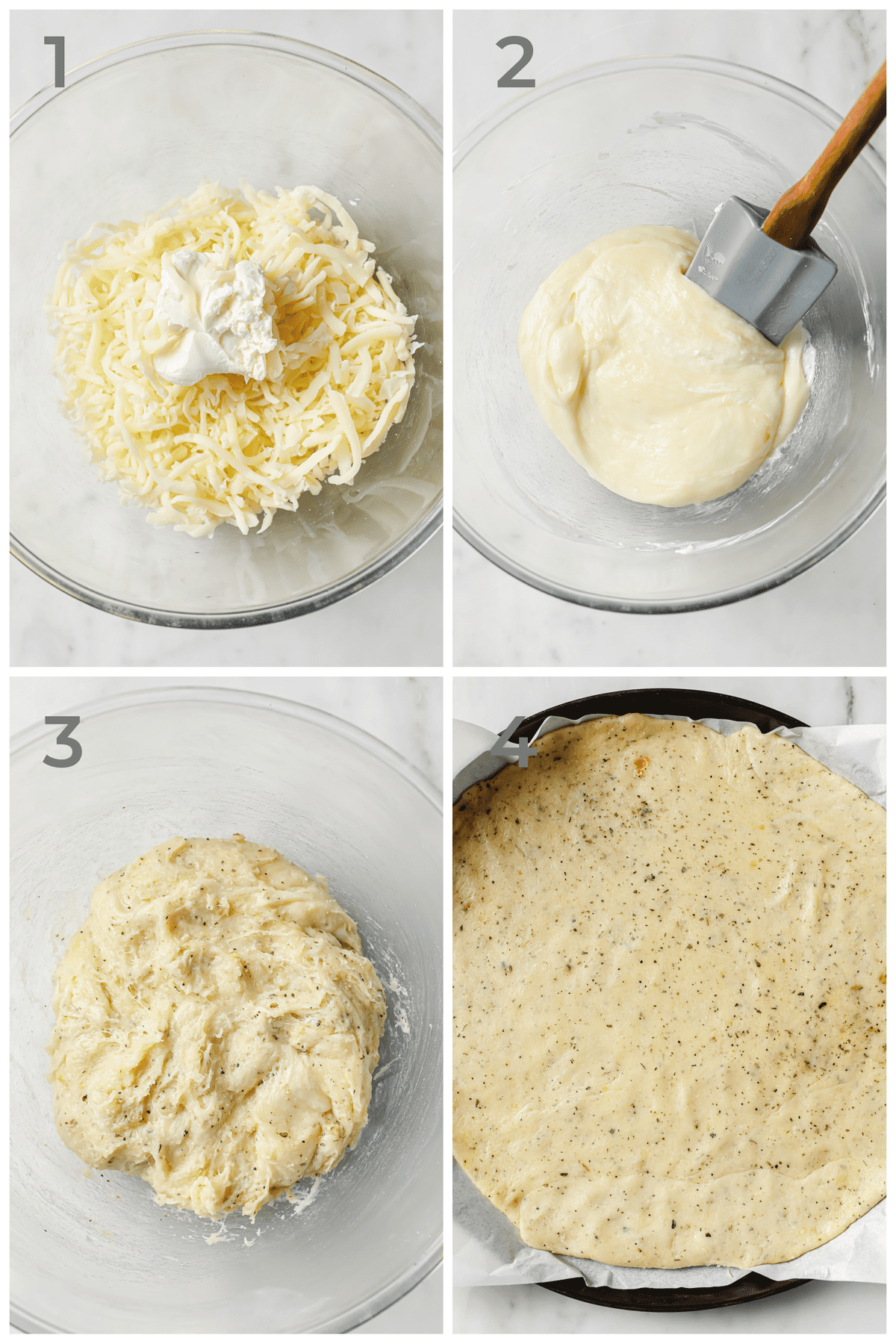step by step photo instructions for how to make keto pizza dough.