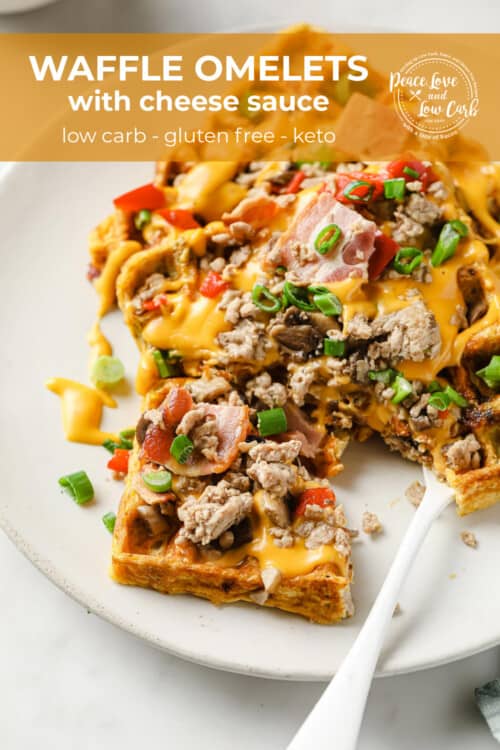 egg based omelets cooked in a waffle iron, topped with ham, sausage, peppers, onion, mushrooms, green onion and cheese sauce.