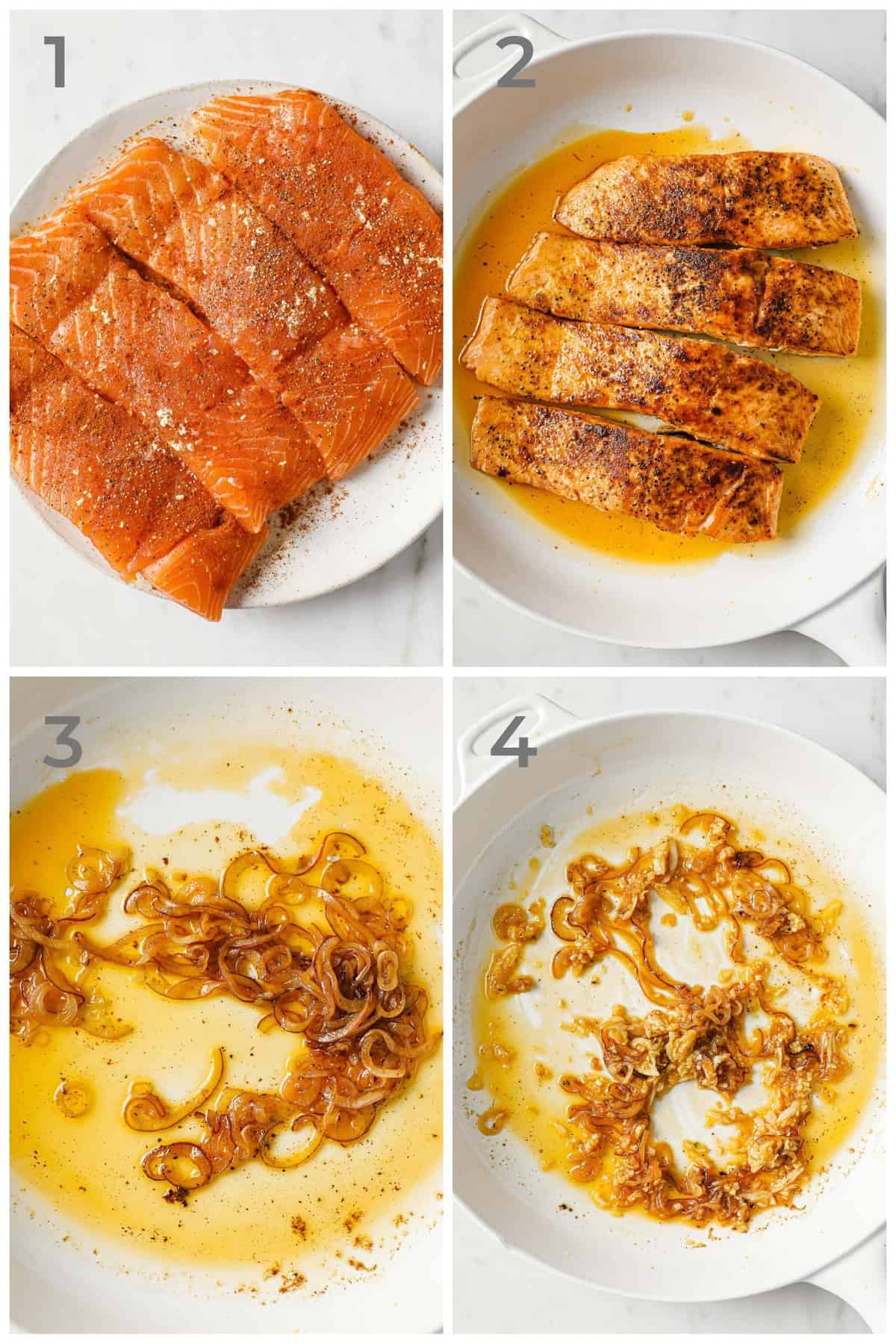 Step by step ingredients for how to make Creamy Tuscan Salmon.