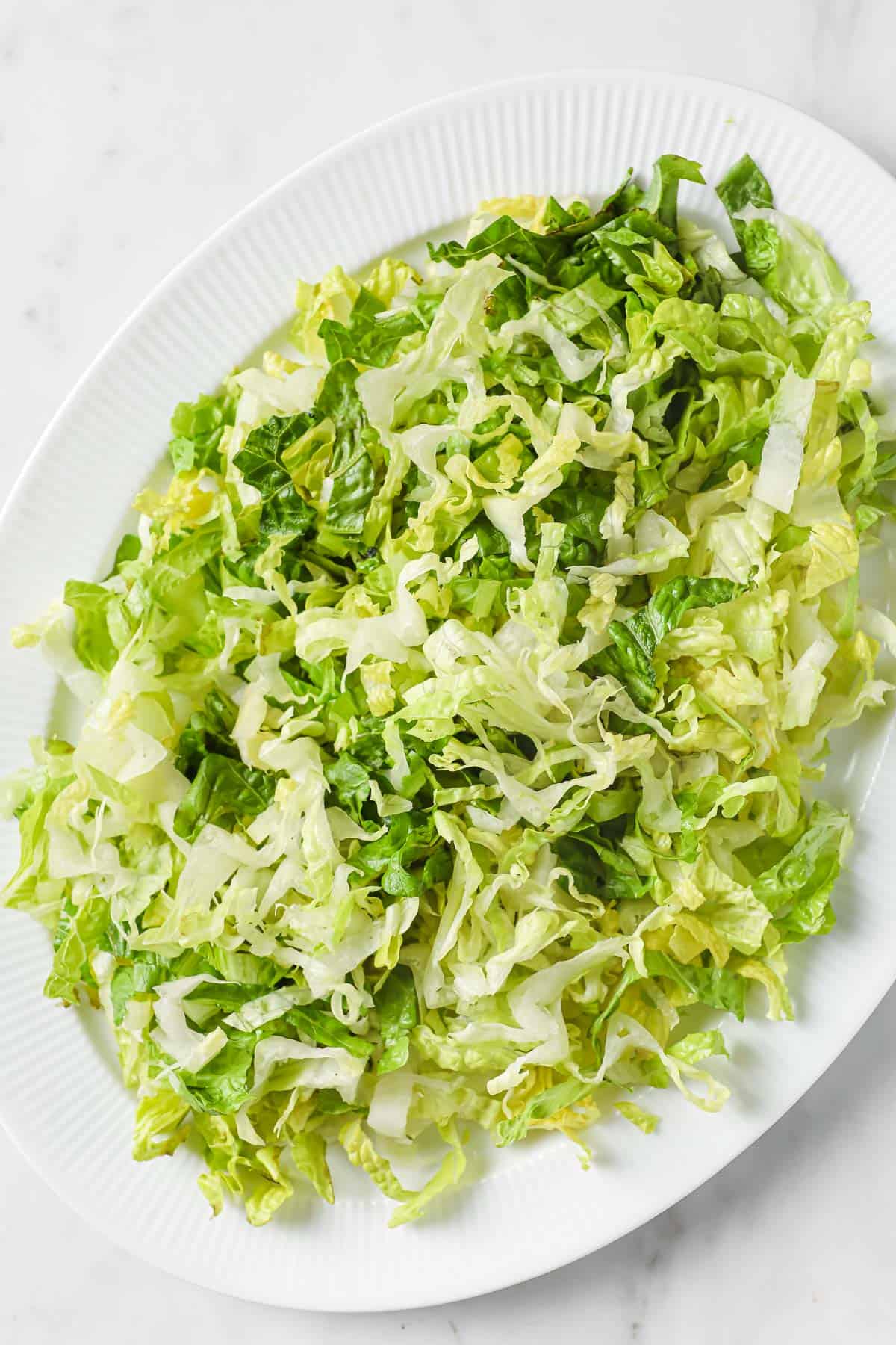 a large serving platter full of shredded romaine lettuce.