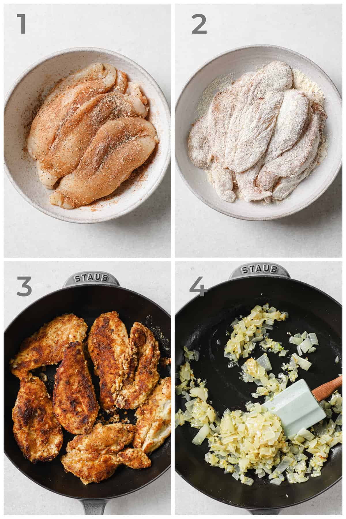 step by step photos depicting how to make a homemade keto chicken stroganoff.