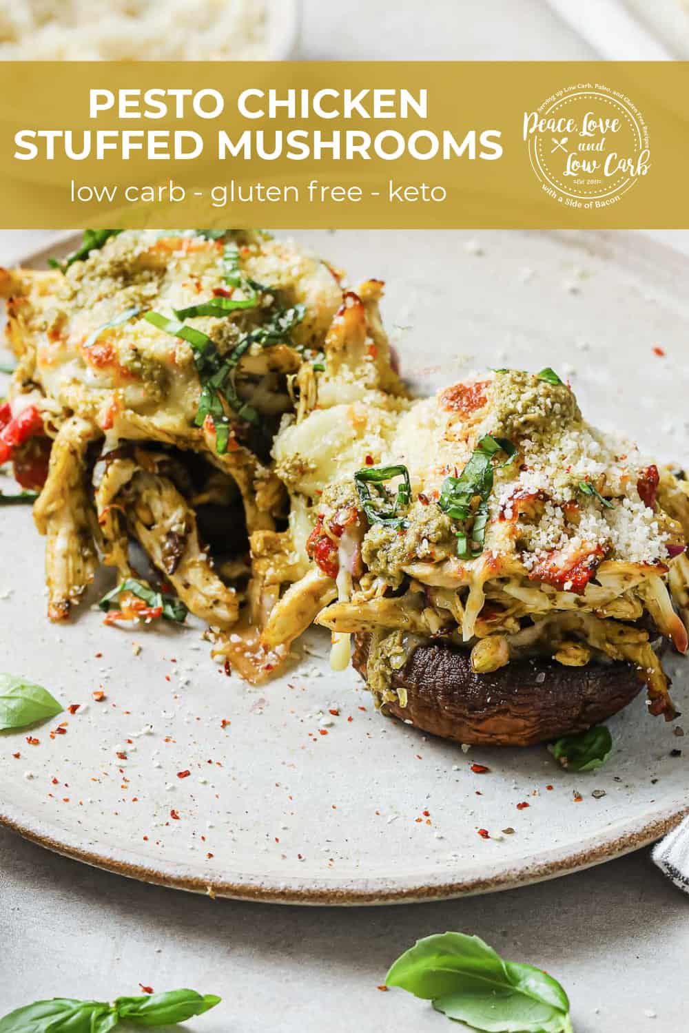 Pesto Chicken Stuffed Mushrooms keto, low carb, gluten free Peace