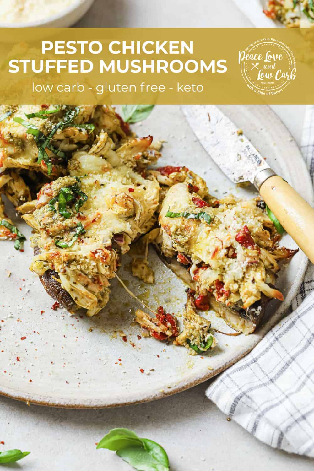 Pesto Chicken Stuffed Mushrooms keto, low carb, gluten free Peace