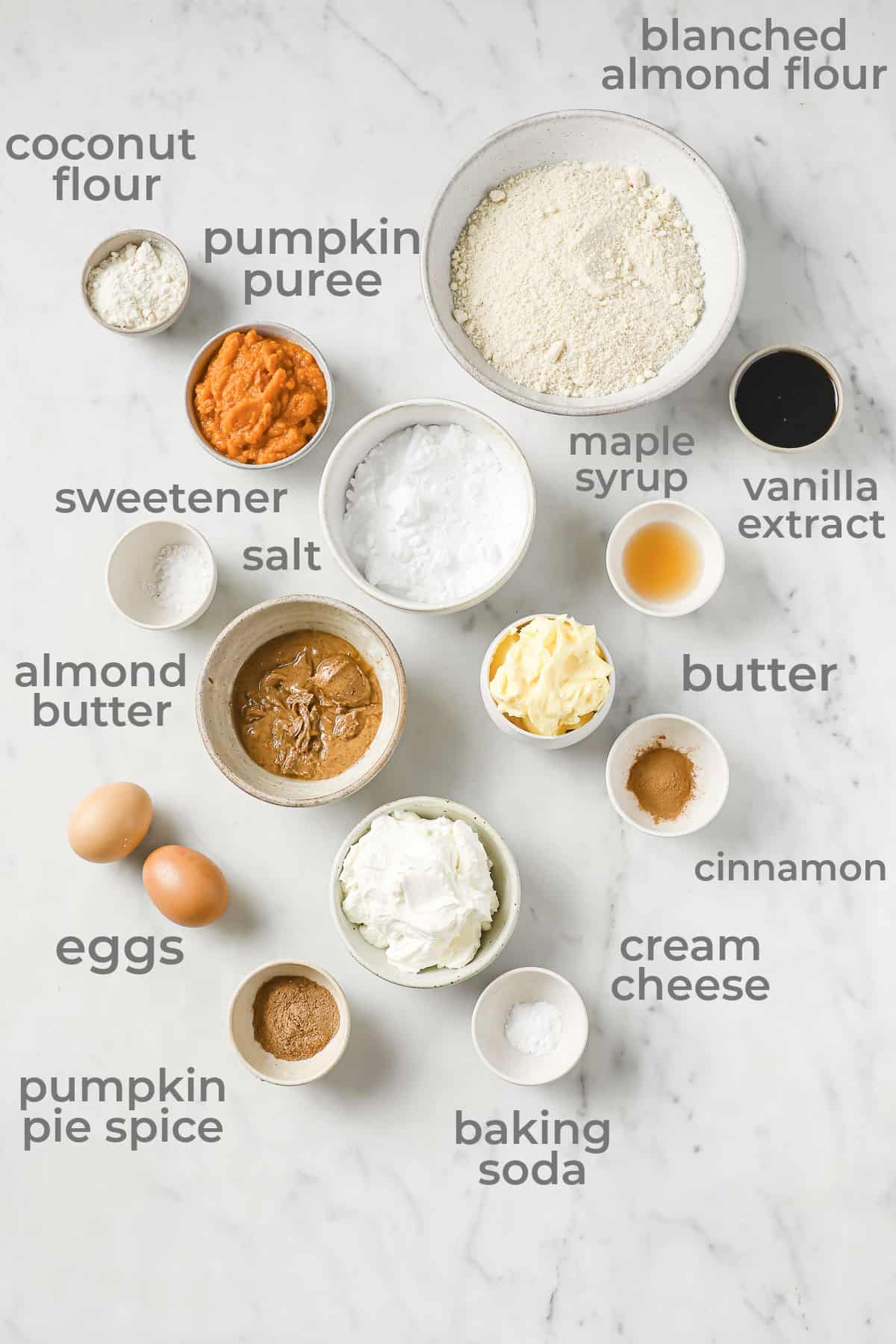 Ingredients laid out individual bowls to make low carb, gluten free, and sugar free whoopie pies.