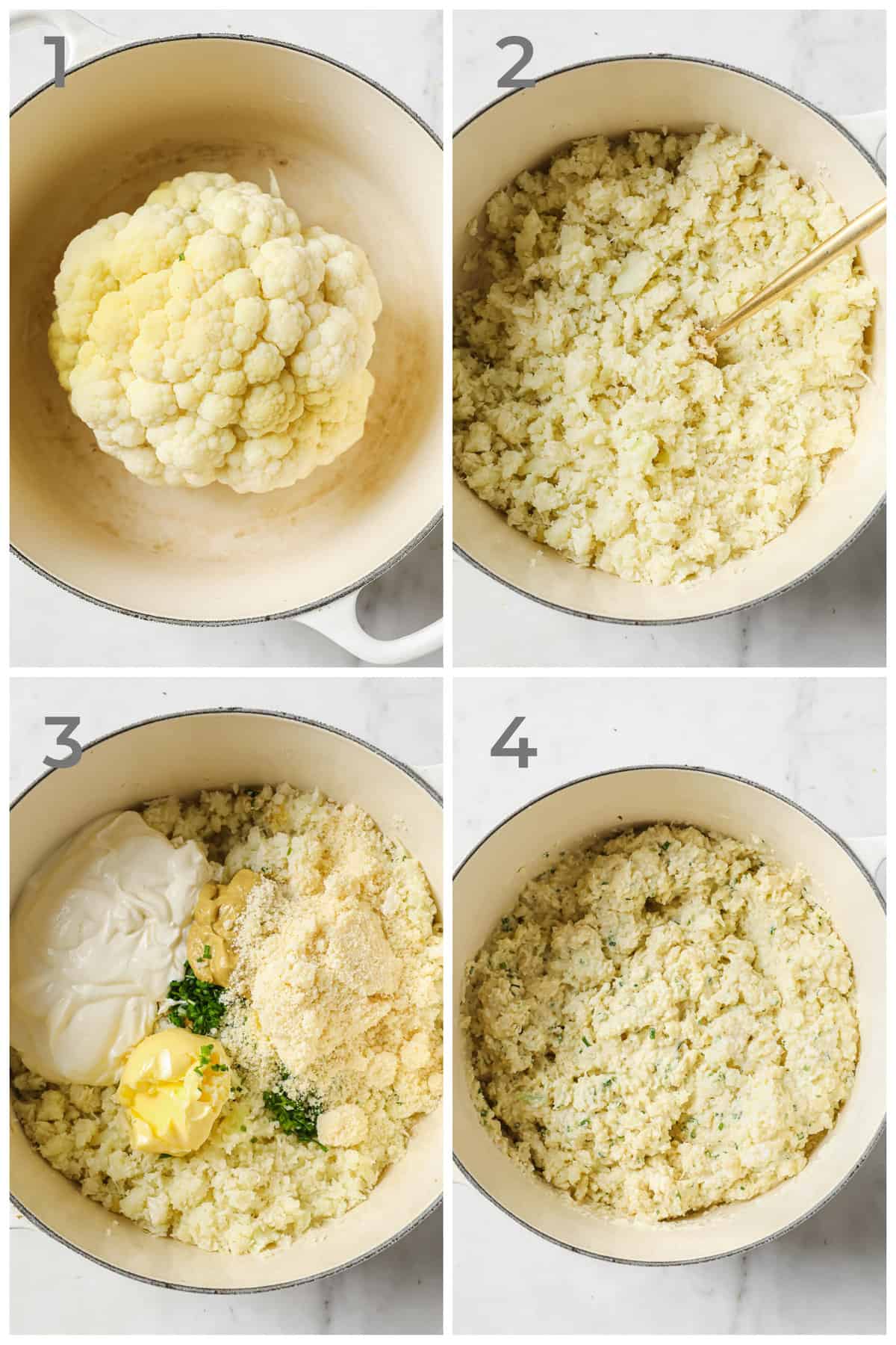 Step by step photos of how to make low carb sour cream and chive cauliflower mash. 