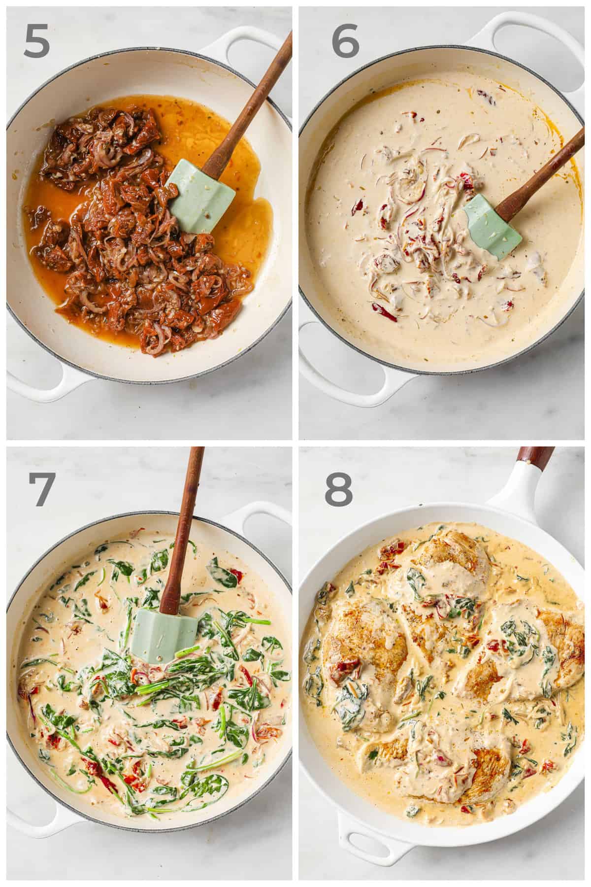 Step by step photo instructions for how to make a creamy keto tuscan chicken recipe.