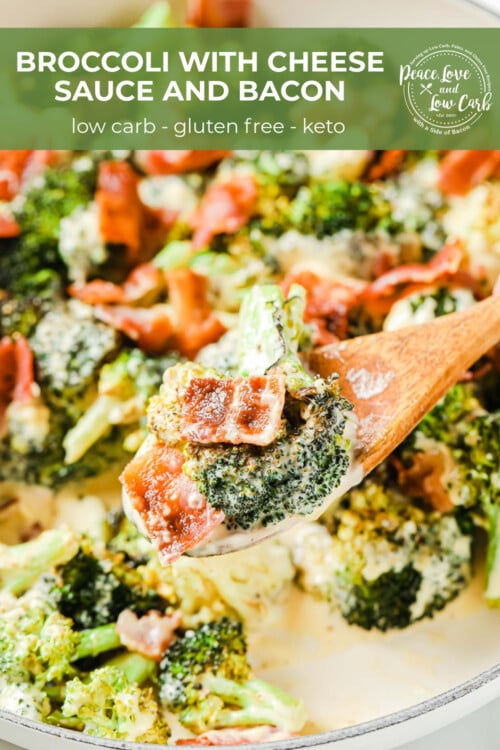 An enameled cast iron skillet with roasted broccoli, homemade cheese sauce and chopped crispy bacon.