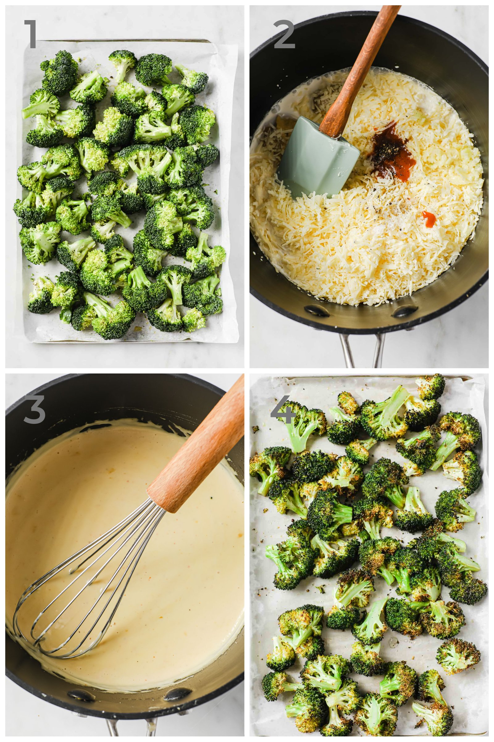 Step by step photos showing how to roast broccoli on a sheet pan in the oven and make homemade cheese sauce.