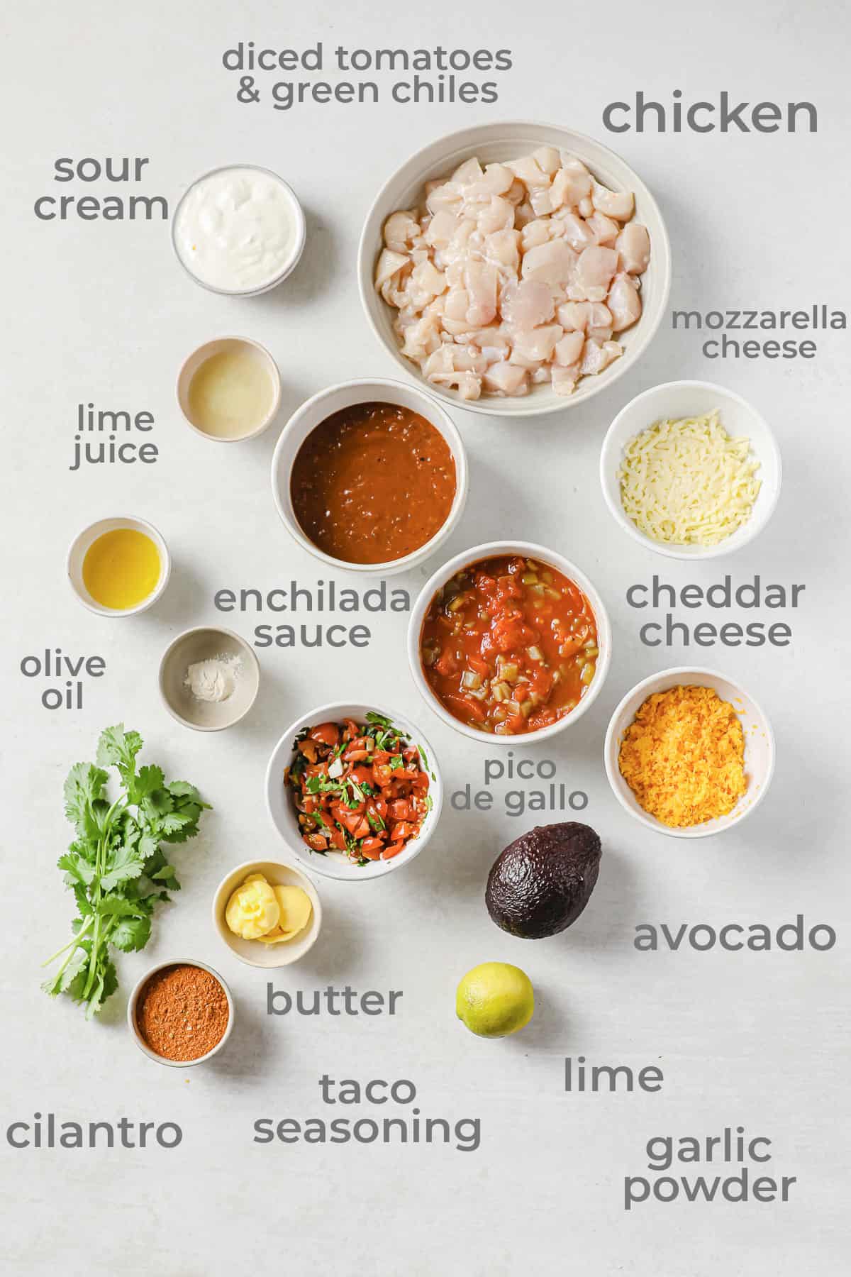 Ingredients all laid out to make keto chicken enchilada bowls - chicken, enchilada sauce, avocado, cilantro, diced tomatoes, pic de Gallo, limes, sour cream