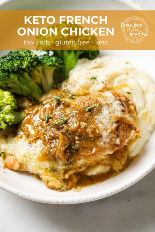 A serving bowl full of French onion chicken, on top of cauliflower mash, served with broccoli on the side.