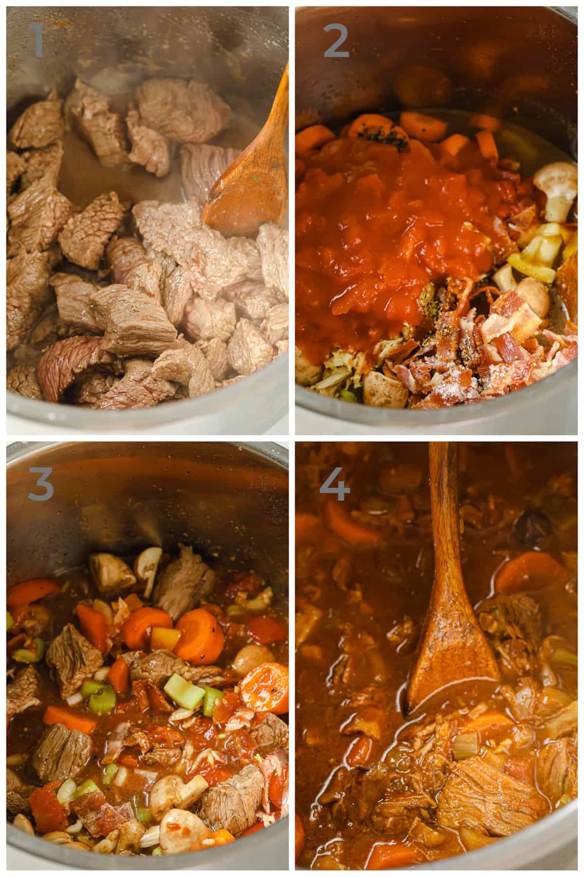 Step by step photo instructions for how to make Instant Pot Keto Beef Stew