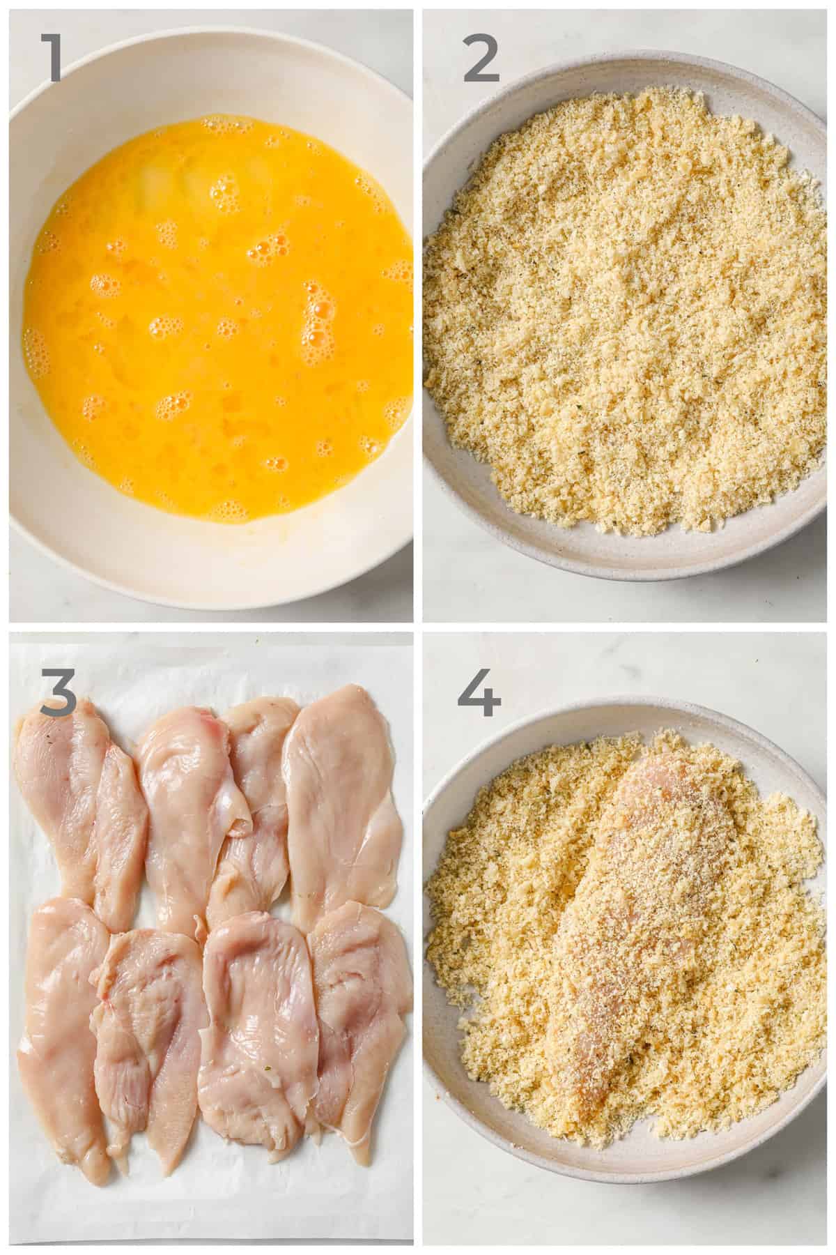 4 step by step photos showing egg wash, breading, raw chicken breasts and breaded chicken breasts.
