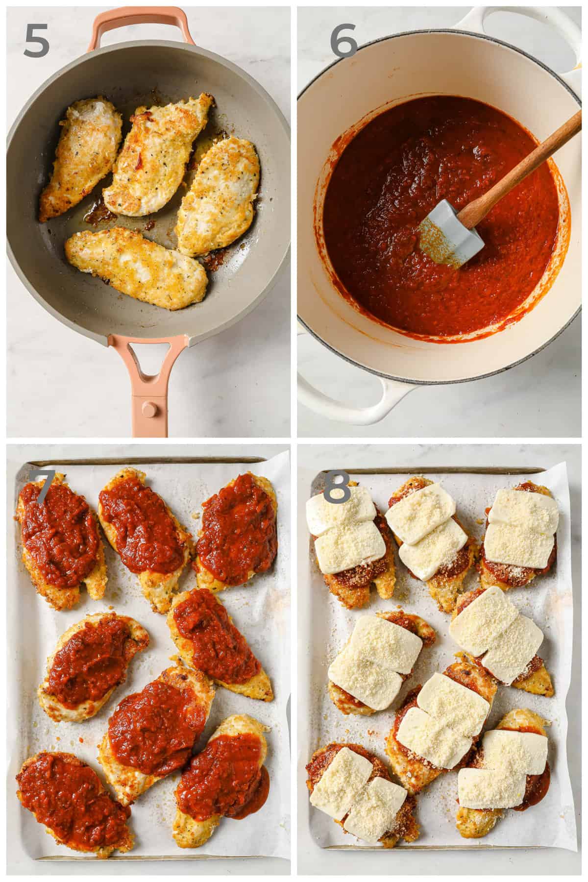 Step by step photos for how to pan-dry and then bake chicken parmesan.